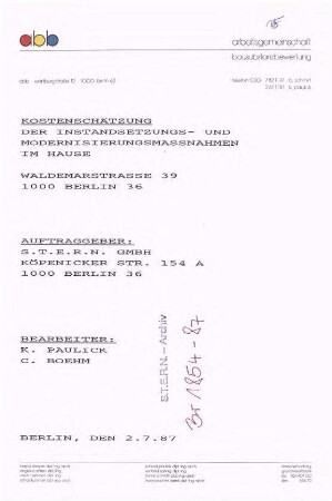 Gutachten: Kostenschätzung Instandsetzung/Modernisierung Waldemarstr. 39
