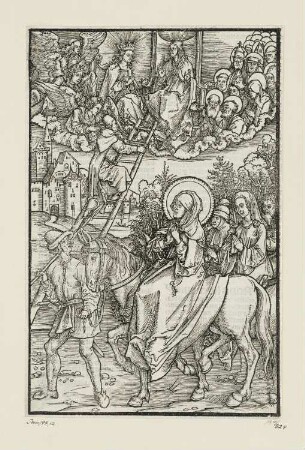 Heilige Brigitta zu Pferde, aus: Suecica Brigitta/Petrus Olai/Johannes de Turrecremata/Florian Waldauf, "Revelationes Sanctae Birgittae", Nürnberg 1500, S. 129 verso