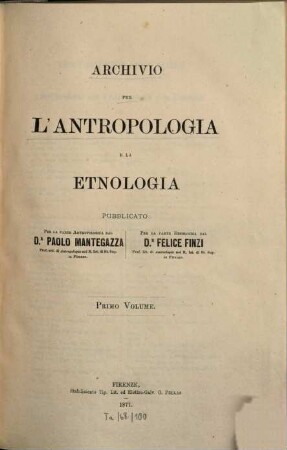 Archivio per l'antropologia e la etnologia. 1, 1. 1871