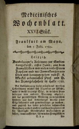 XXVI. Stück. Frankfurt am Mayn, den 5. Julii 1783. - XXIX. Stück. Frankfurt am Mayn, den 26. Julii 1783.