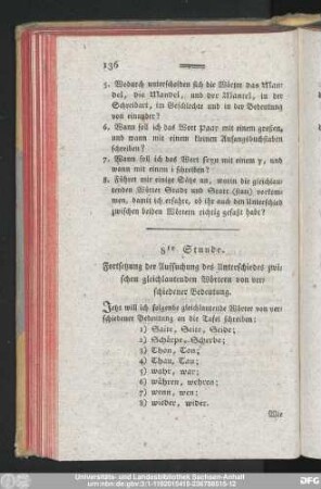 8te Stunde. Fortsetzung der Auffsuchung des Unterschiedes zwischen gleichlautenden Wörtern von verschiedener Bedeutung.