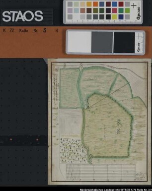 Grundstück des Kolonen Verrnholt, umgeben von Klostergründen, am Weg nach Verrnholt (18. Jh.) Ausf.-Art: Farbige Zeichnung Herst.: A. G. v. Driver Format: 22,5 x 18 cm Maßstab: ca. 1 : 1400