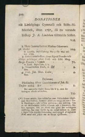 312-323, Donationer till Linköpings Gymnasii och Stifts-Bibliothek...