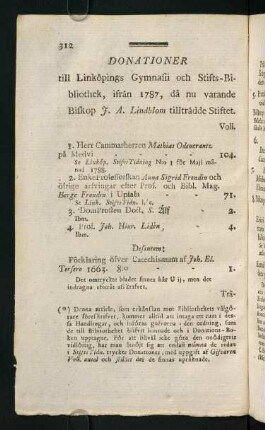 312-323, Donationer till Linköpings Gymnasii och Stifts-Bibliothek...
