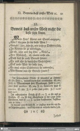 XI. Beweis daß unsre Welt nicht die beste sein könne