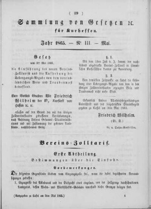 Sammlung von Gesetzen für Kurhessen. Jahr 1865. - Nr. III. Mai.