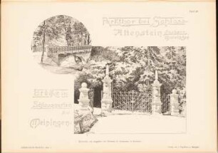 Schloss Altenstein, Meiningen: Perspektivische Ansicht Parktor, Brücke (aus: Architekt. Rundschau, hrsg.v. Eisenlohr & Weigle, 1894)