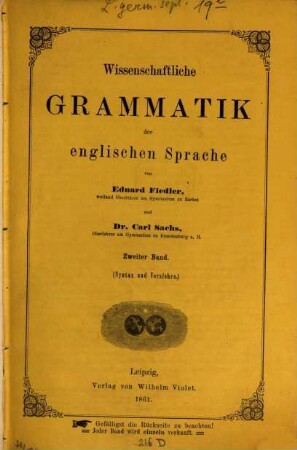 Wissenschaftliche Grammatik der englischen Sprache. 2