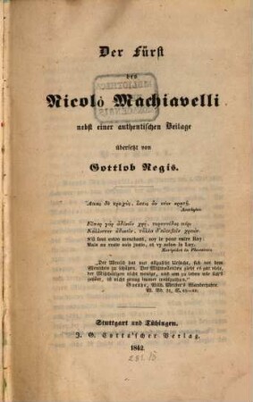 Der Fürst des Nicolò Machiavelli : nebst einer authentischen Beilage