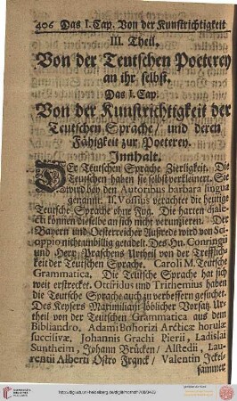 III. Theil. Das I. Cap.: Von der Kunstrichtigkeit der Teutschen Sprache