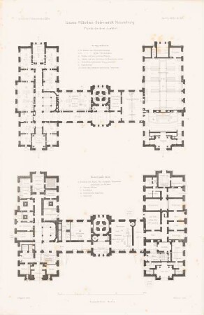 Physikalisches Institut der Kaiser-Wilhelms-Universität Straßburg: Grundriss Keller, EG (aus: Atlas zur Zeitschrift für Bauwesen, hrsg. v. G. Erbkam, Jg. 34, 1884)