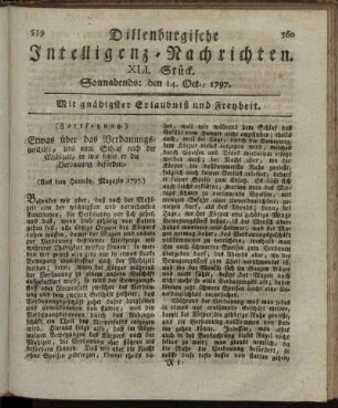 XLI. Stück. Sonnabends: den 14. Oct. 1797.