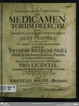 Disputatio medica inauguralis, de medicamentorum delectu
