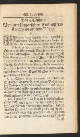 Das 9. Capittel/ Von den Ungarischen Einkünfften/ Krieges-Macht/ und Müntze