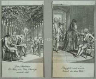 Illustrationen (Blatt 11 und 12 von 12) von Daniel Nikolaus Chodowiecki zu sechs Fabeln und sechs Erzählungen von Christian Fürchtegott Gellert