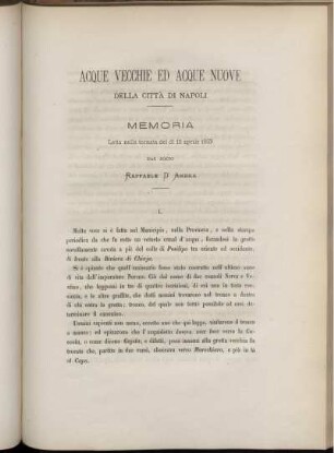 ACQUE VECCHIE ED ACQUE NUOVE DELLA CITTA DI NAPOLI MEMORIA Letta nella tornata del di 15 aprile 1883