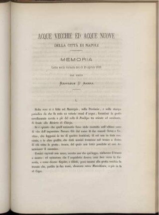 ACQUE VECCHIE ED ACQUE NUOVE DELLA CITTA DI NAPOLI MEMORIA Letta nella tornata del di 15 aprile 1883