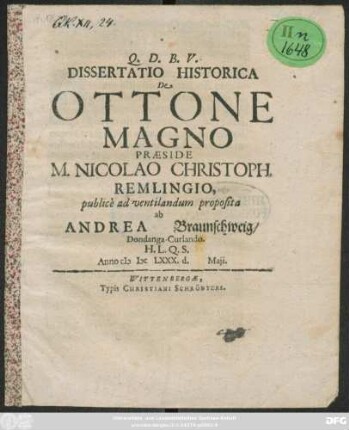 Dissertatio Historica De Ottone Magno