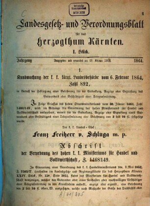 Landes-Gesetz- und Verordnungsblatt für das Herzogthum Kärnten. 1864