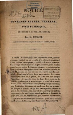 Notice des ouvrages arabes, persans, turcs et français, imprimés à Constantinople