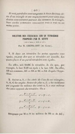 Solution des exercices sur le tétraèdre proposés par M. Genty.
