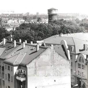 Markranstädt. Leipziger Straße und Wasserturm. Blick vom Turm der Stadtkirche St. Laurentius