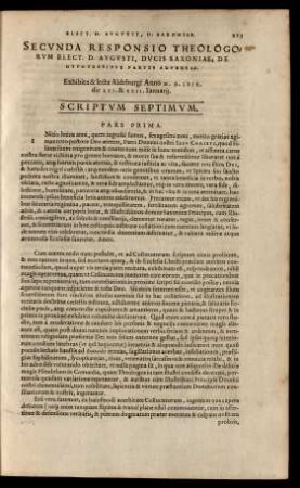 Secunda Responsio Theologorum Elect. D. Augusti, Ducis Saxoniae, De Hypothesibus Partis Adversae ... Scriptum Septimum.