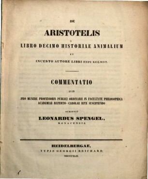 De Aristotelis libro decimo historiae animalium et incerto autore libri peri kosmu