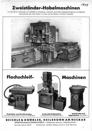 Werbeblatt der Firma Reichle & Knödler für Hobelmaschinen und Flachschleifmaschinen