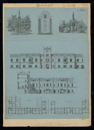 Pfründenhaus Monatskonkurrenz Januar 1843: Lageplan, Grundriss Erdgeschoss, Obergeschoss, Aufriss Straßenansicht, Hofansicht des linken Seitenflügels mit Schnitt durch den Hauptflügel, perspektivische Ansicht des Brunnens und der Kapelle; Maßstabsleiste