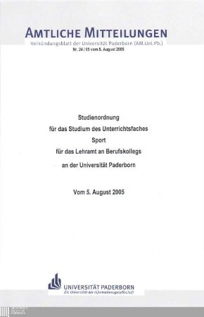 Studienordnung für das Studium des Unterrichtsfaches Sport für das Lehramt an Berufskollegs an der Universität Paderborn : vom 5. August 2005