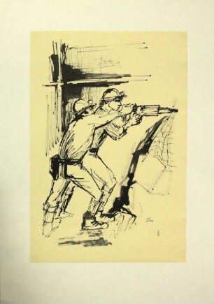 Druckgrafik einer Tuschezeichnung, Zwei Bergleute mit Bohrhammer