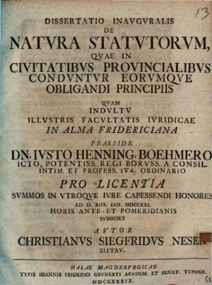 Dissertatio inauguralis De natura statutorum, quae in civitatibus provincialibus conduntur, eorumque obligandi principiis