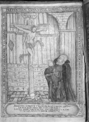 Evangeliar — Johann von Meckbach im Gebet vor dem Kruzifix, Folio 1verso