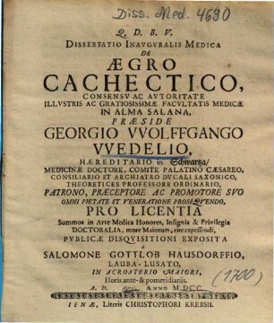 Dissertatio Inavgvralis Medica De Aegro Cachectico