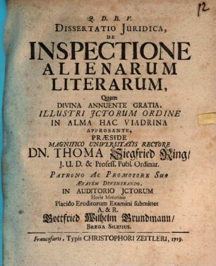 Diss. iur. de inspectione alienarum literarum