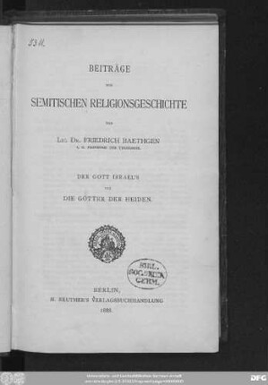 Beiträge zur semitischen Religionsgeschichte : der Gott Israels und die Götter der Heiden