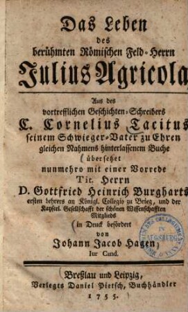Das Leben des berühmten Römischen Feld-Herrn Julius Agricola