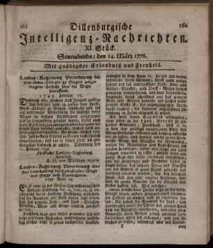 XI. Stück. Sonnabends: den 14. März 1778.