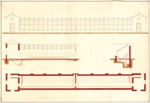 Gärtner, Friedrich von; Edenkoben (Pfalz); Schloss Ludwigshöhe - Gewächshaus (Grundriss, Ansicht, Schnitte)