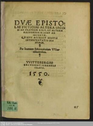 Duae epistolae fictitiae altera Jacobi ad fratrem Esav