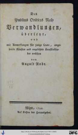 Erster Theil: Des Publius Ovidius Naso Verwandlungen