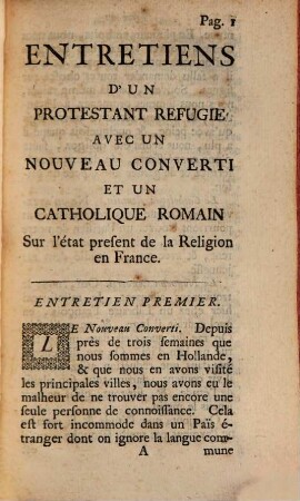 Entretiens sur l'état présent de la religion en France