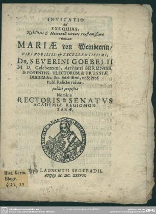 Invitatio ad exequias Mariae von Weinbeerin Severini Goebelii ...