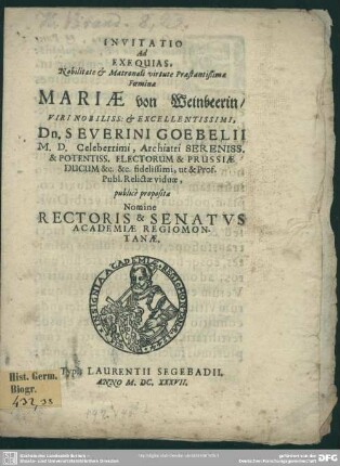 Invitatio ad exequias Mariae von Weinbeerin Severini Goebelii ...