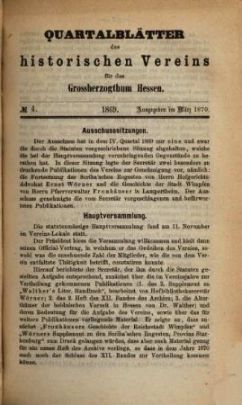 Quartalblätter des Historischen Vereins für das Großherzogtum Hessen. 1869
