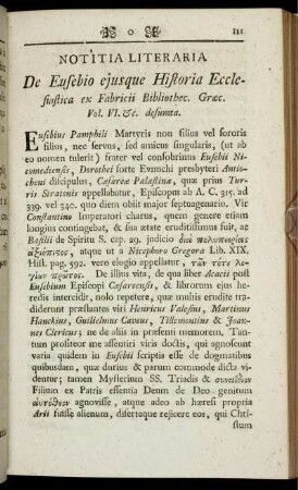 Notitia Literaria. De Eusebio ejusque Historia Ecclesiastica ex Fabricii Bibliothec.