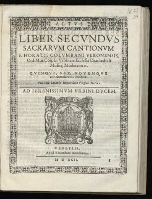 Orazio Colombani: Liber secundus sacrarum cantionum ... quinque, sex, novemque ... vocibus. Altus