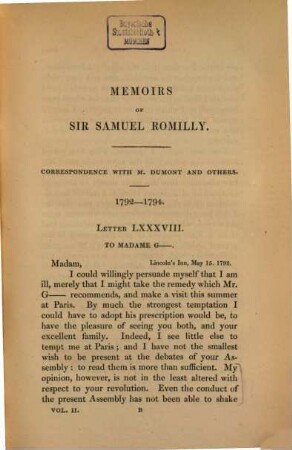 Memoirs of the life of Sir Samuel Romilly : with a selection from his correspondence ; in three volumes. 2