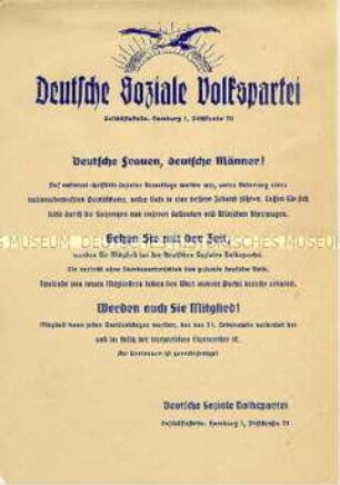 Flugblatt der Deutschen Sozialen Volkspartei mit Mitgliederwerbung
